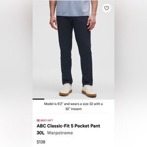 lululemon athletica Men's True Navy ABC 5 Pocket Classic Fit 38 Waist x26 Length